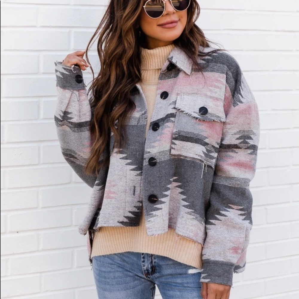 Pink Lily - Only Beliefs Pink Grey Aztec Woven Jacket